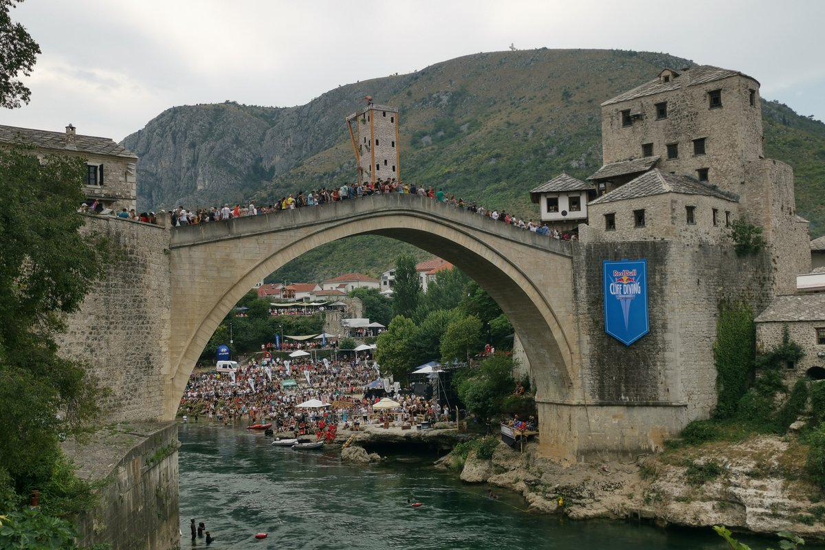 Cliff diving at the historic Stari Most bridge in Mostar, Bosnia and Herzegovina