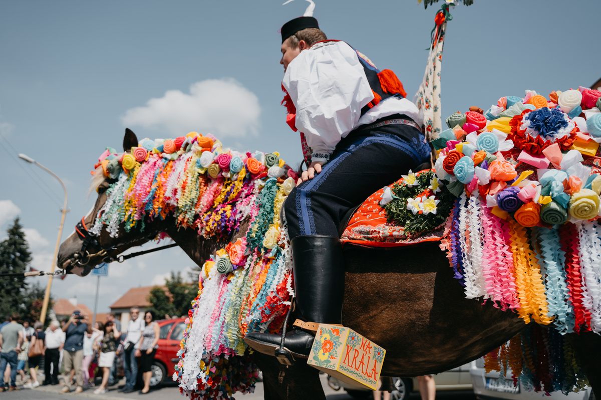 Moravian folk costumes during Jízda králů (Ride of the Kings) festival in Vlčnov, Czech Republic