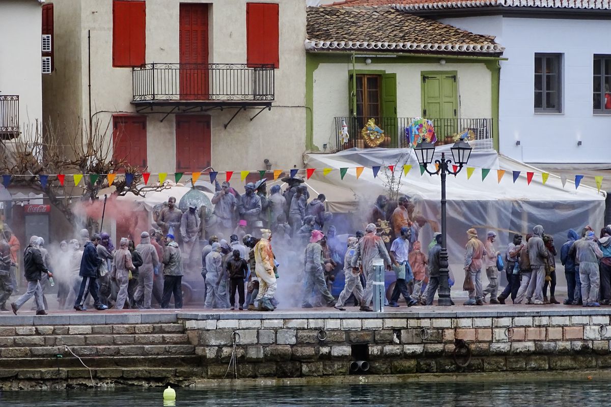 Flour War celebration during Clean Monday carnival in Galaxidi, Greece