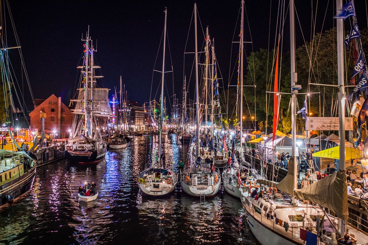 Klaipėda Sea Festival (Jūros šventė) night celebration with crowds and ships
