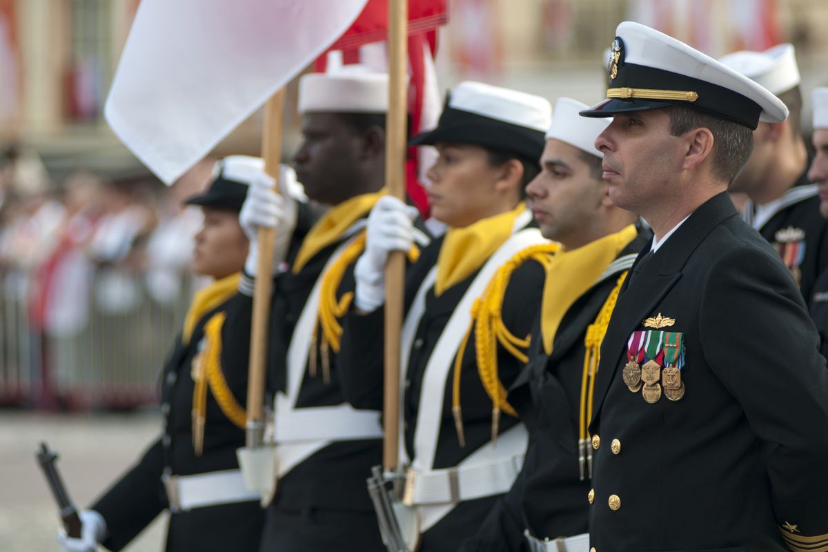 U.S. Navy sailors participating in Monaco's National Day celebration parade